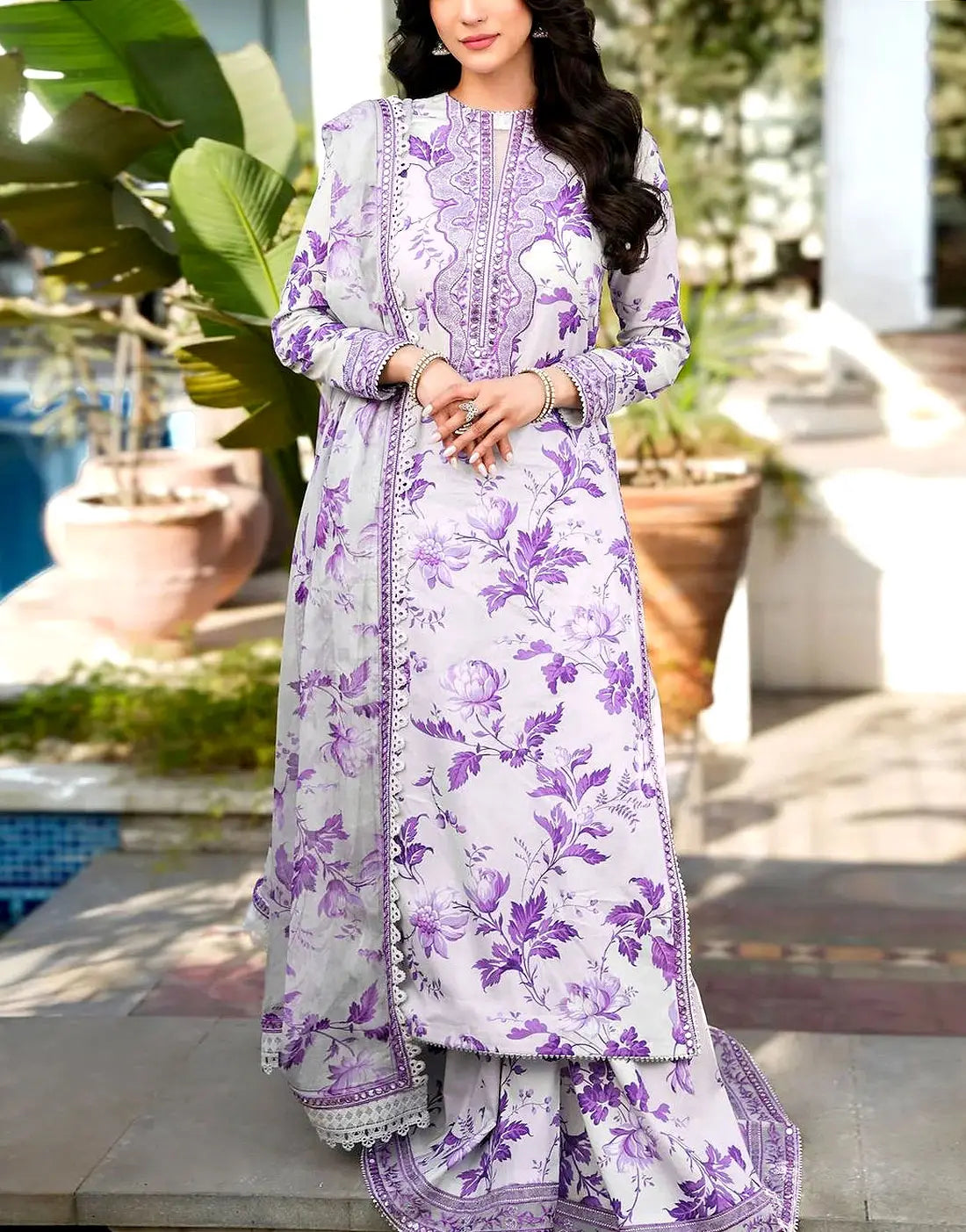 Aneela’s Luxury Embroidered Lawn 3 Piece Unstitched Dress with 4-Side Embroidered Chiffon Dupatta